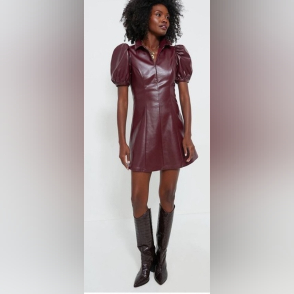 Hyacinth House Faux Leather Maroom Puff Sleeve Mini Dress